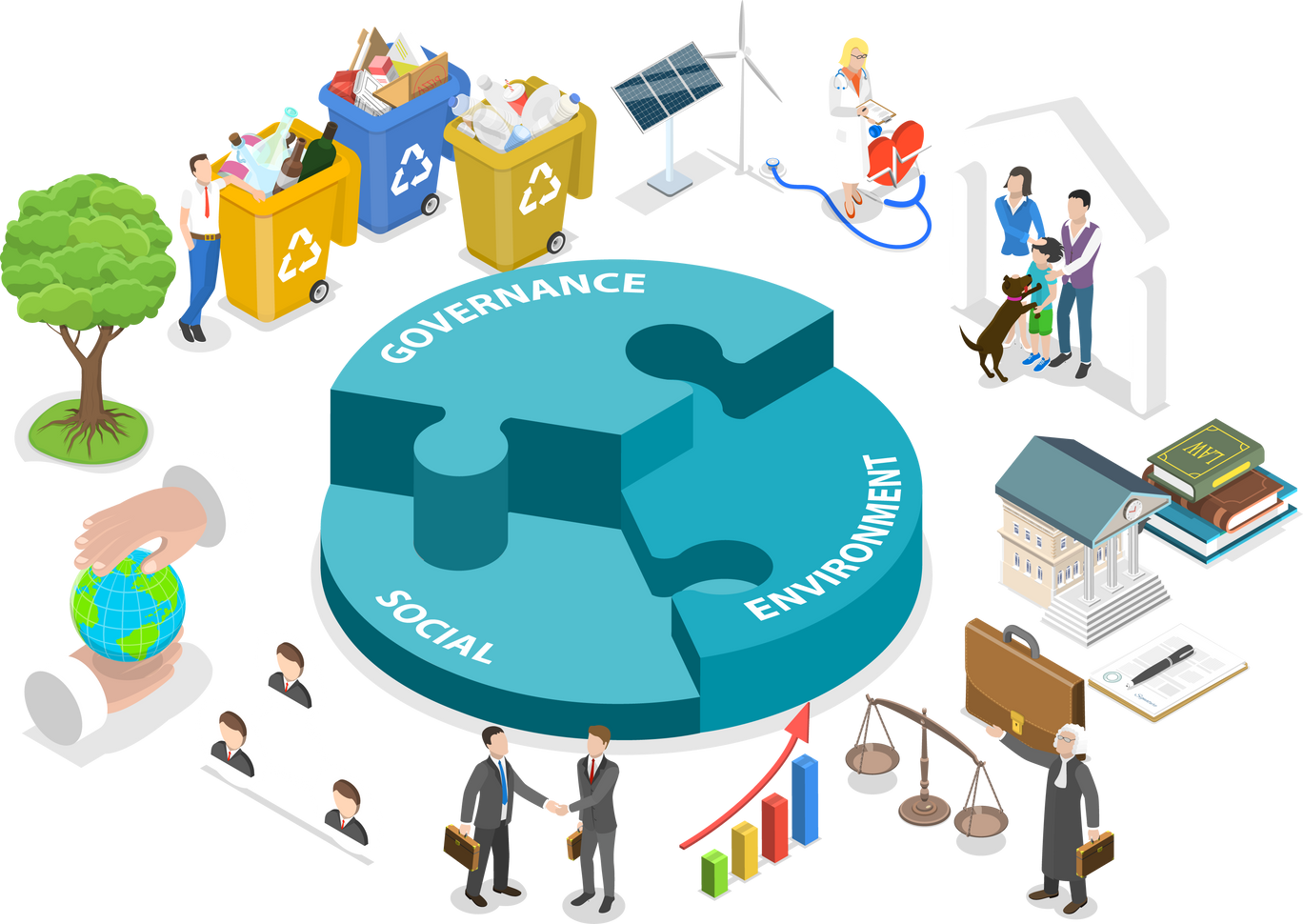 3D Isometric Flat  Conceptual Illustration of ESG - Environmental, Social and Governance